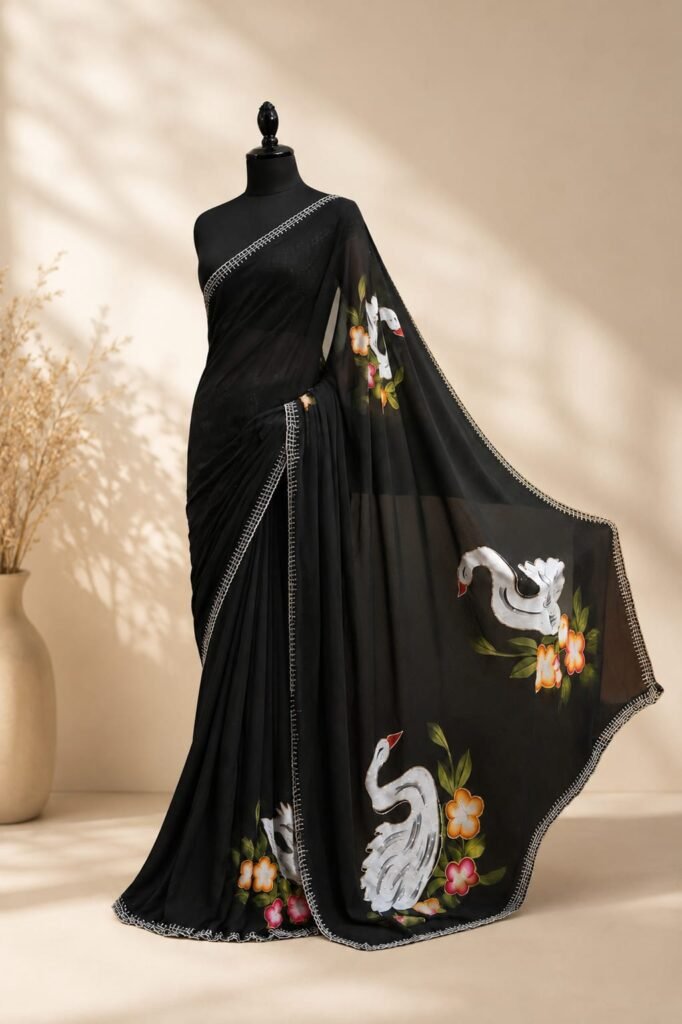 Swan Georgette Digital Handwork Print