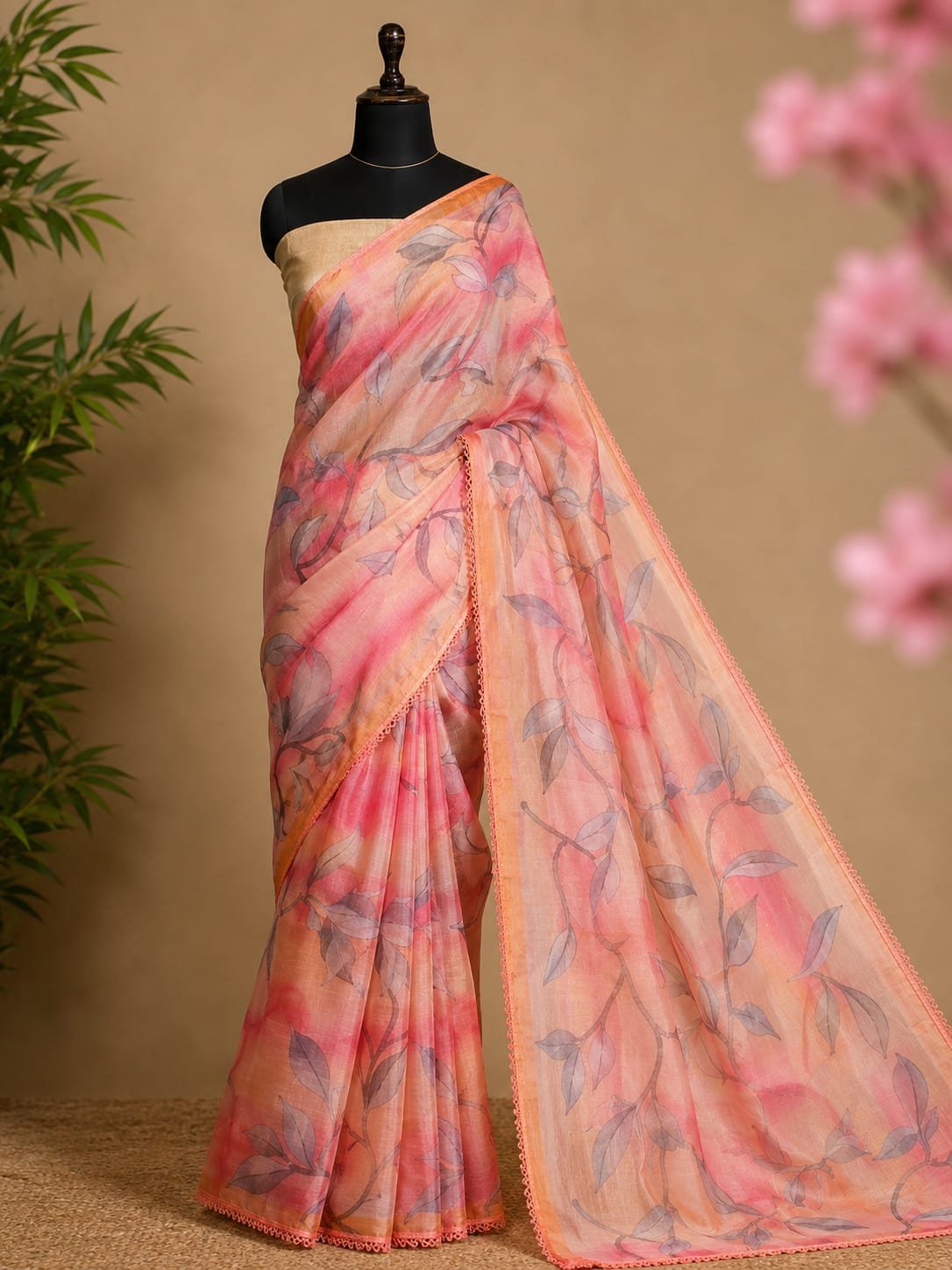 Leaf Georgette Lace Work Saree - Image 3