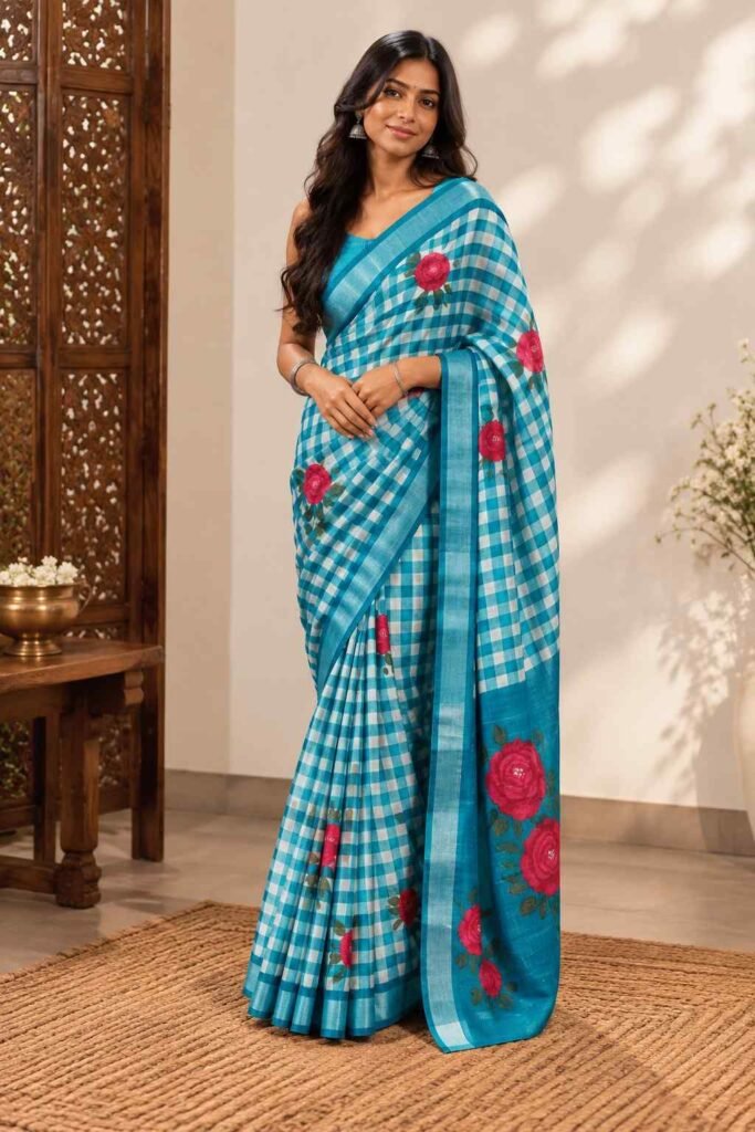 Gingham Linen saree